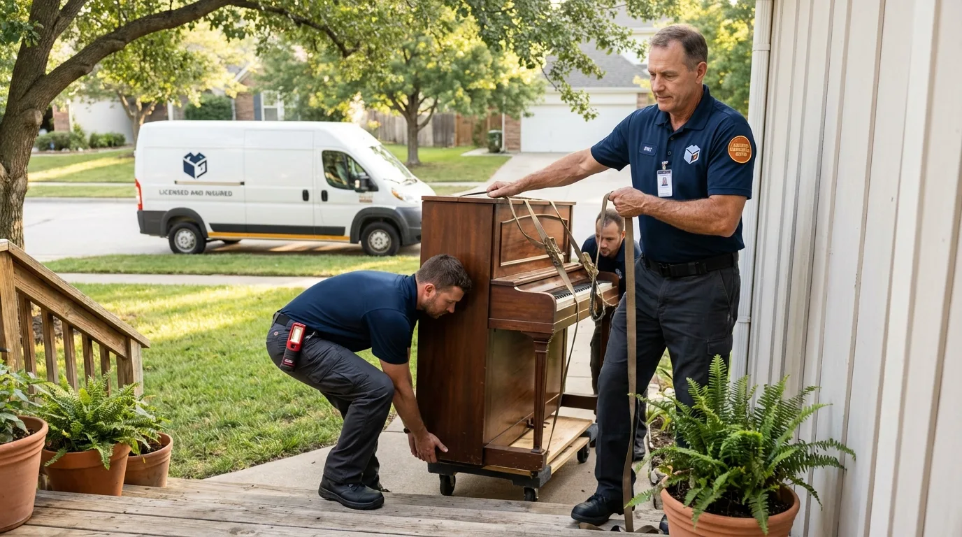 Licensed piano movers securing grand piano in Inglis, FL