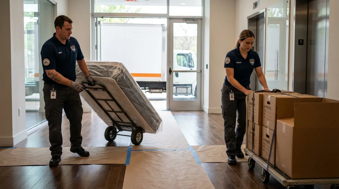 Professional apartment movers loading elevator in Inglis, FL